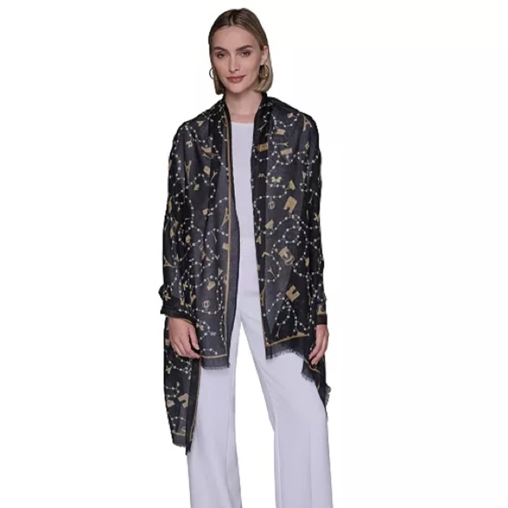 Karl Lagerfeld Pearls and Paris Charms Pattern Oversized Neck Wrap - Picture 4 of 4